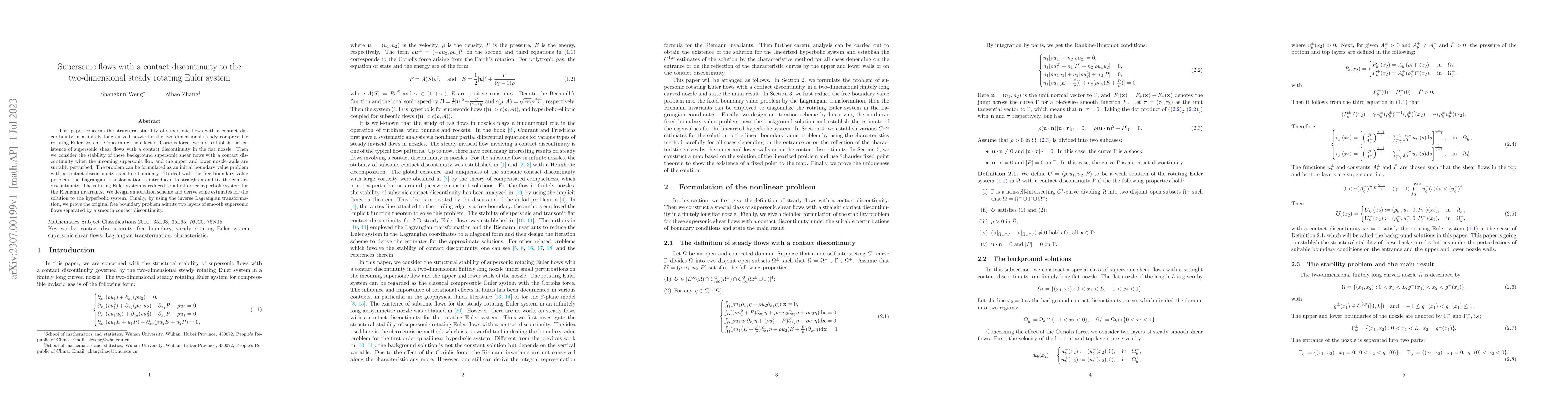 Thumbnail for Supersonic flows with a contact discontinuity to the two-dimensional
  steady rotating Euler system