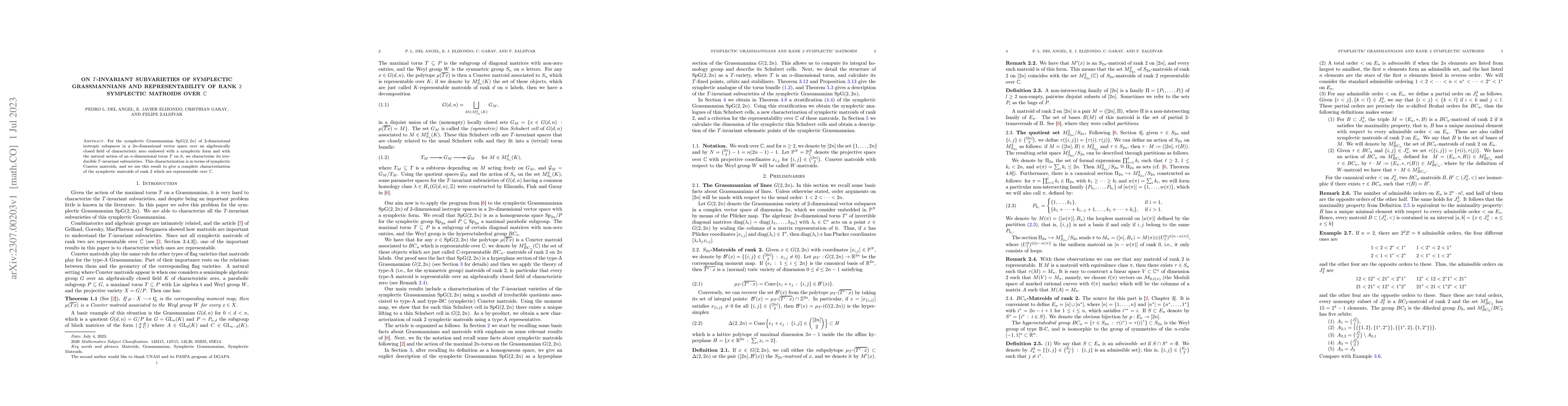 Thumbnail for On $T$-invariant subvarieties of symplectic Grassmannians and
  representability of rank $2$ symplectic matroids over ${\mathbb C}$