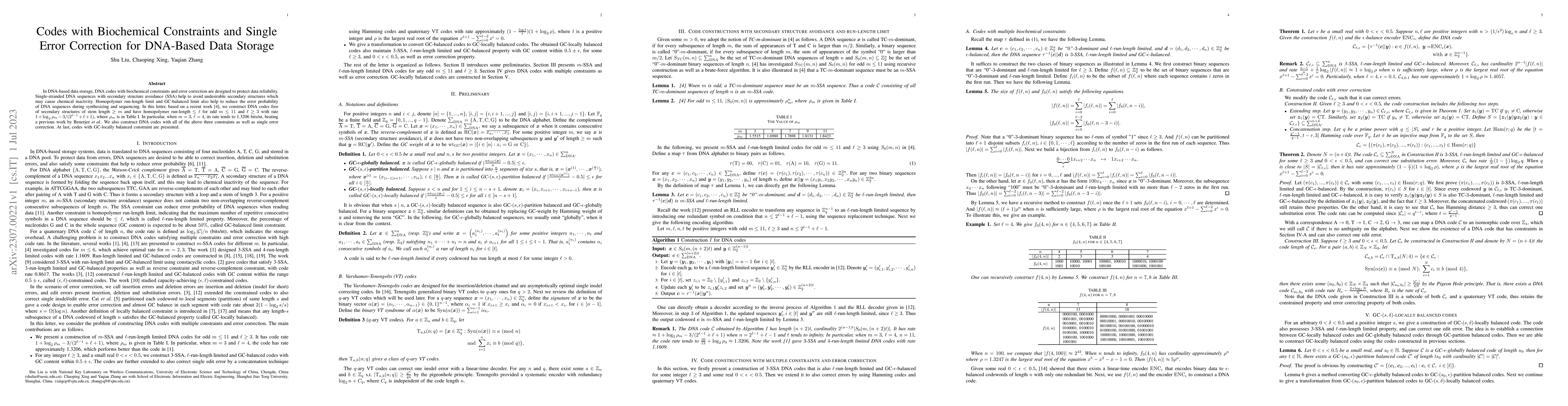 Thumbnail for Codes with Biochemical Constraints and Single Error Correction for
  DNA-Based Data Storage