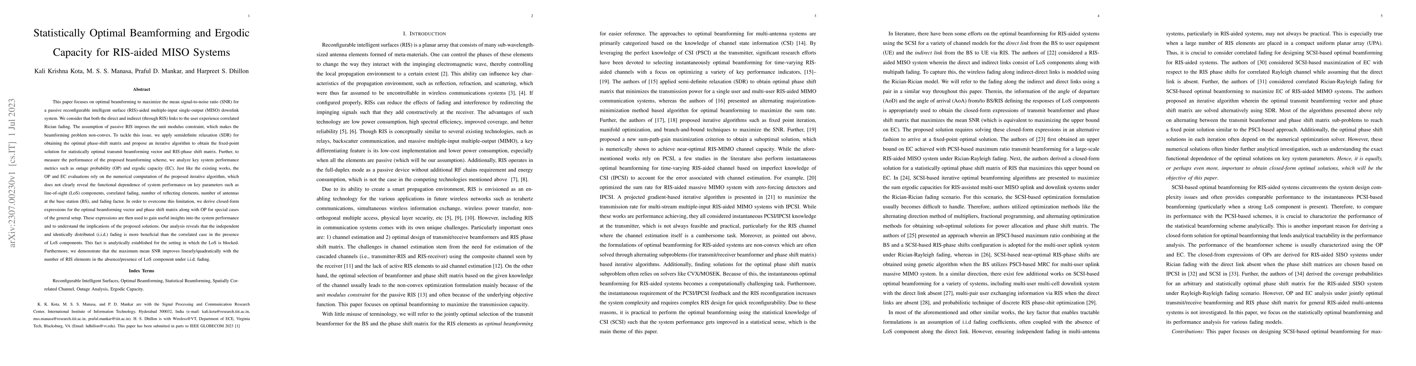 Thumbnail for Statistically Optimal Beamforming and Ergodic Capacity for RIS-aided
  MISO Systems