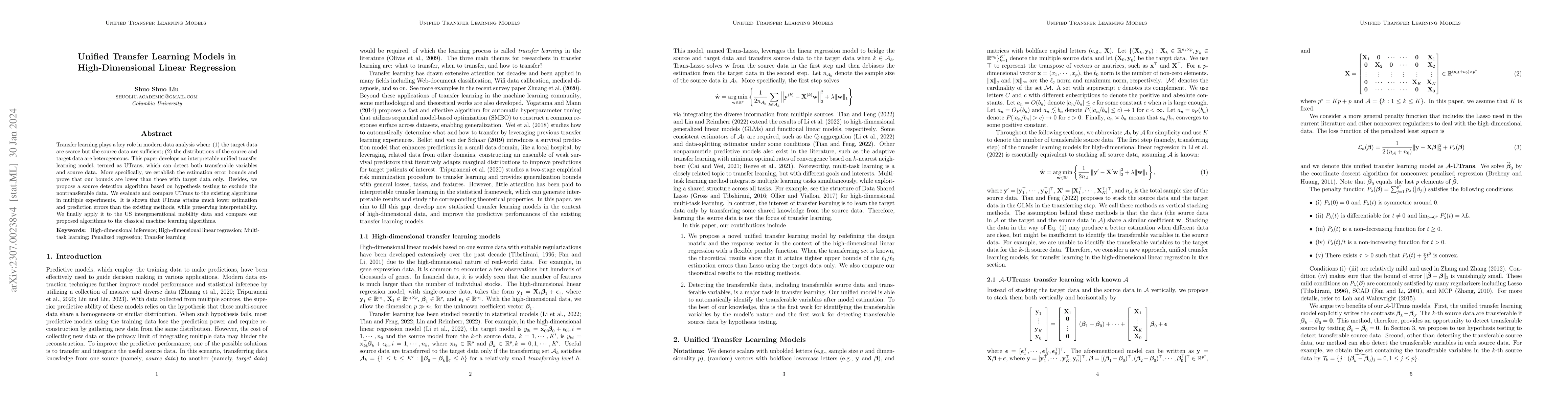 Thumbnail for Unified Transfer Learning Models in High-Dimensional Linear Regression
