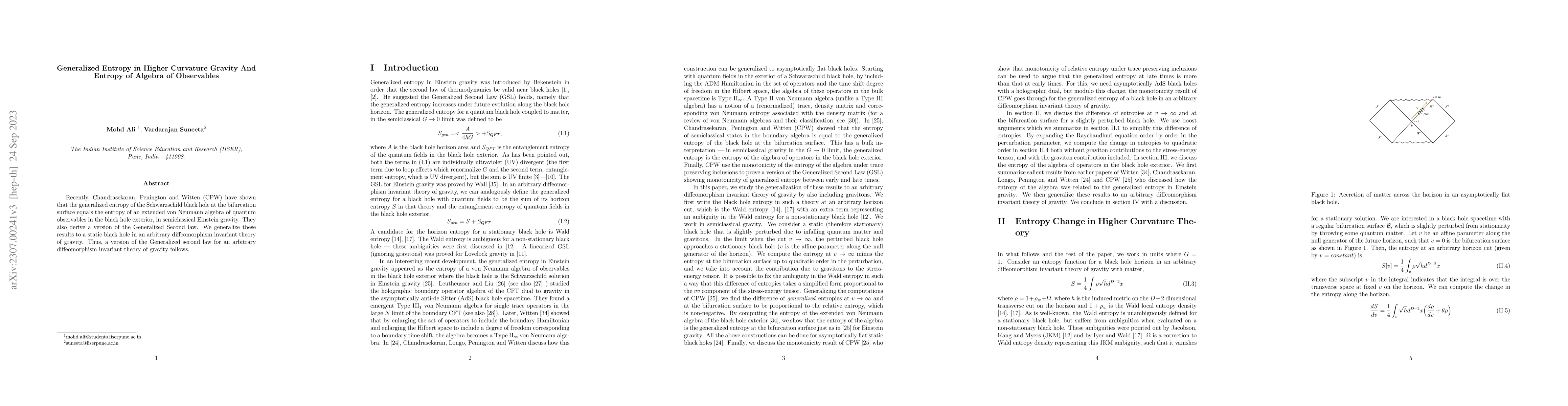 Thumbnail for Generalized Entropy in Higher Curvature Gravity And Entropy of Algebra
  of Observables