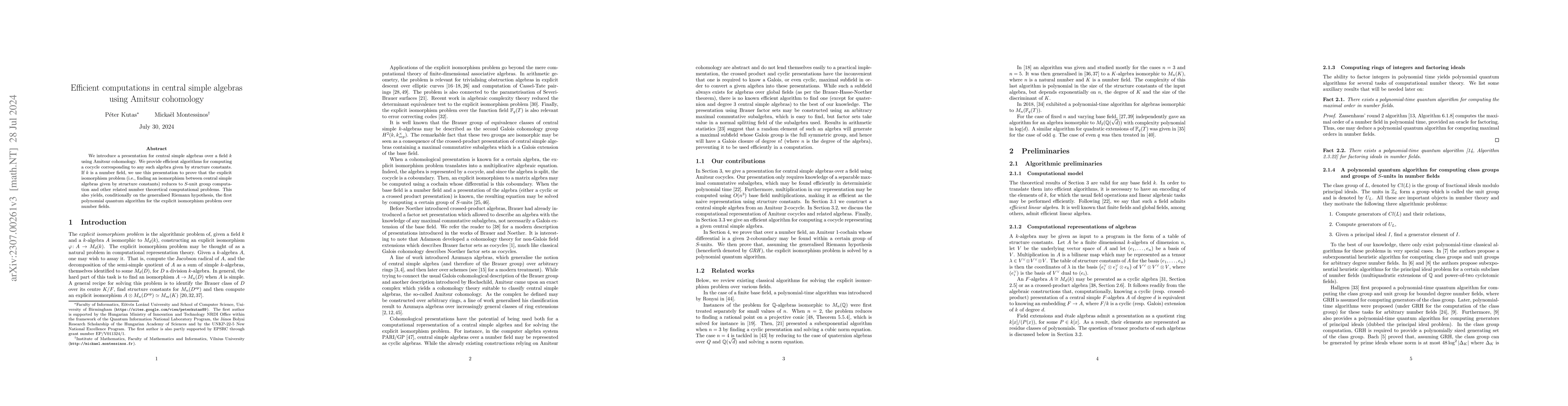 Thumbnail for Efficient computations in central simple algebras using Amitsur
  cohomology
