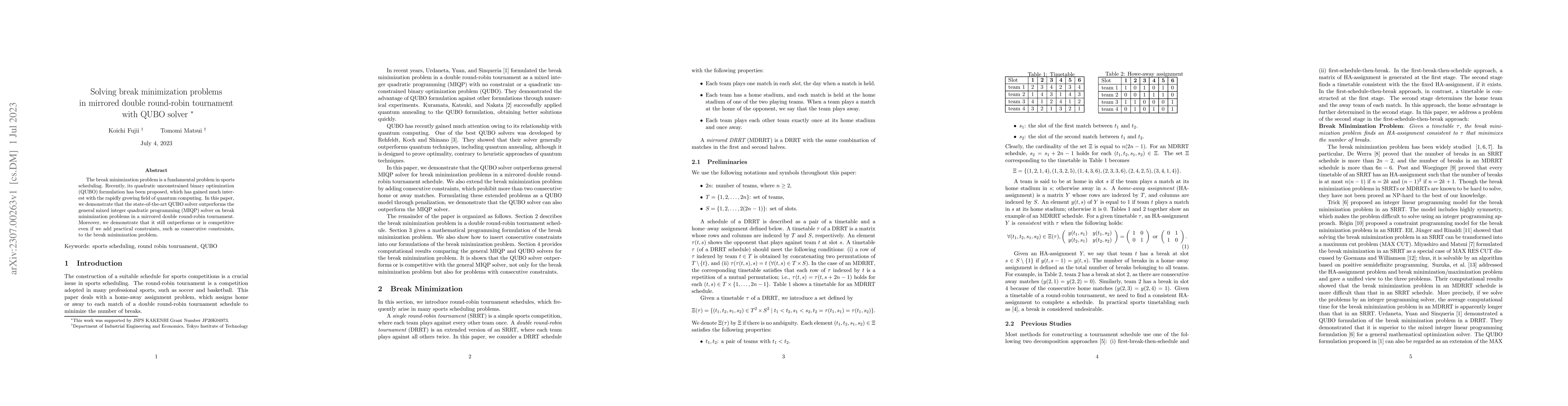 Thumbnail for Solving break minimization problems in mirrored double round-robin
  tournament with QUBO solver
