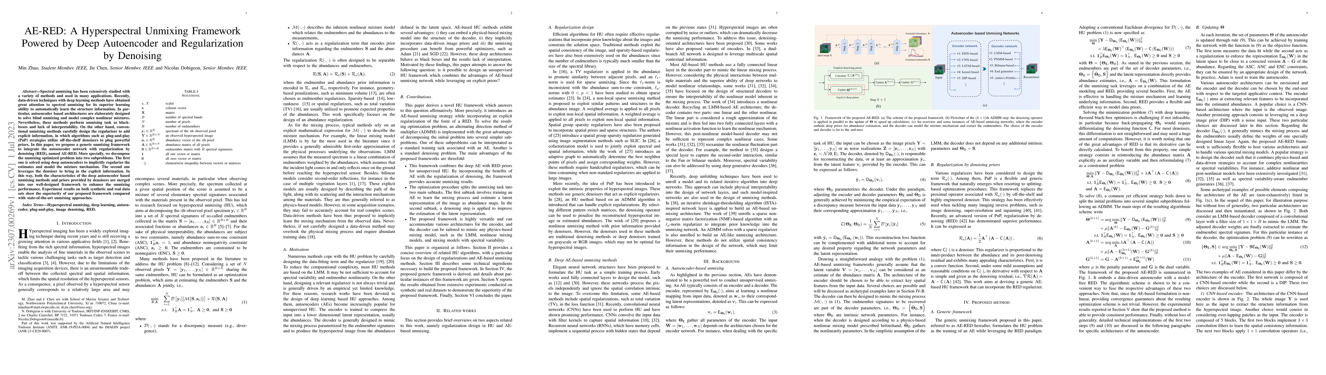 Thumbnail for AE-RED: A Hyperspectral Unmixing Framework Powered by Deep Autoencoder
  and Regularization by Denoising
