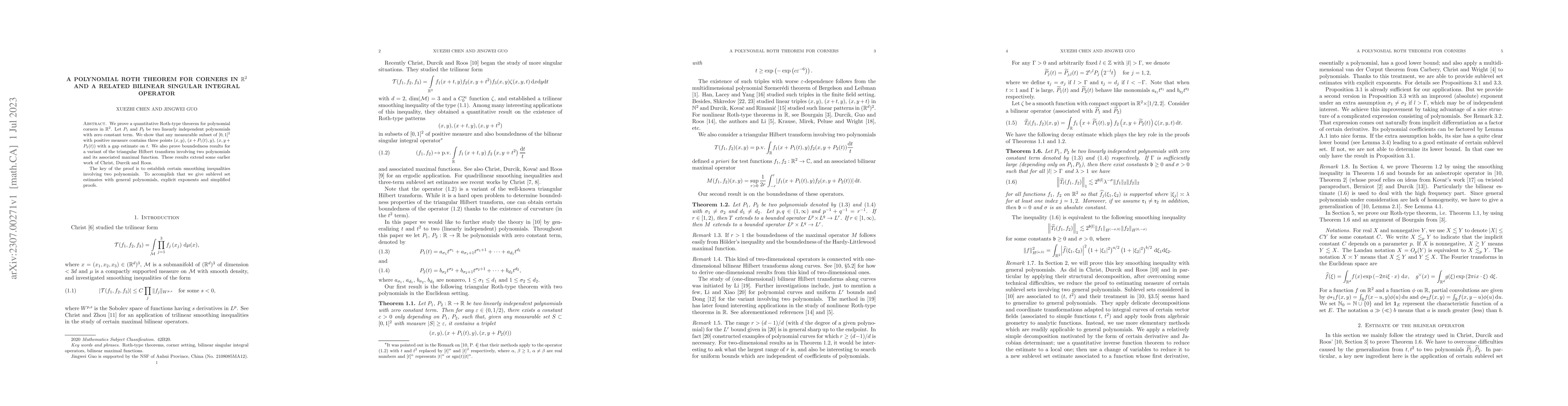 Thumbnail for A polynomial Roth theorem for corners in $\mathbb{R}^2$ and a related
  bilinear singular integral operator