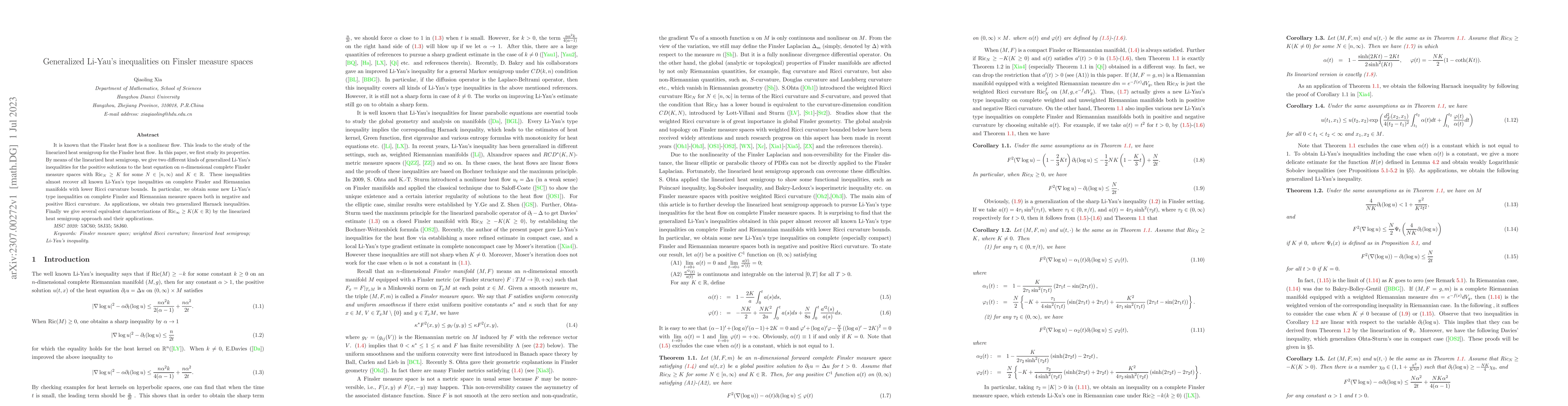 Thumbnail for Generalized Li-Yau's inequalities on Finsler measure spaces