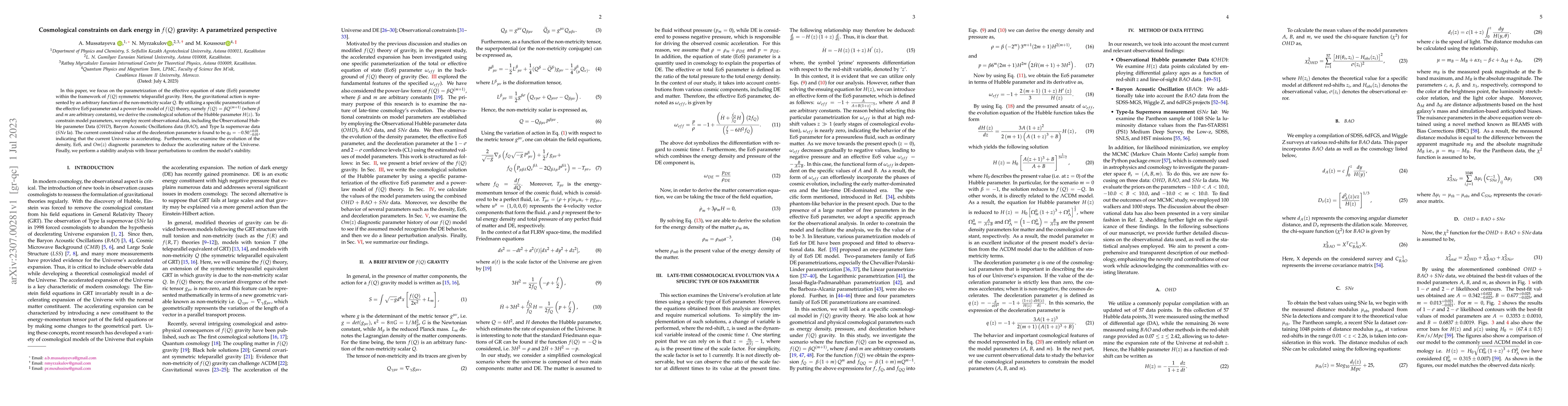 Thumbnail for Cosmological constraints on dark energy in $f(Q)$ gravity: A
  parametrized perspective