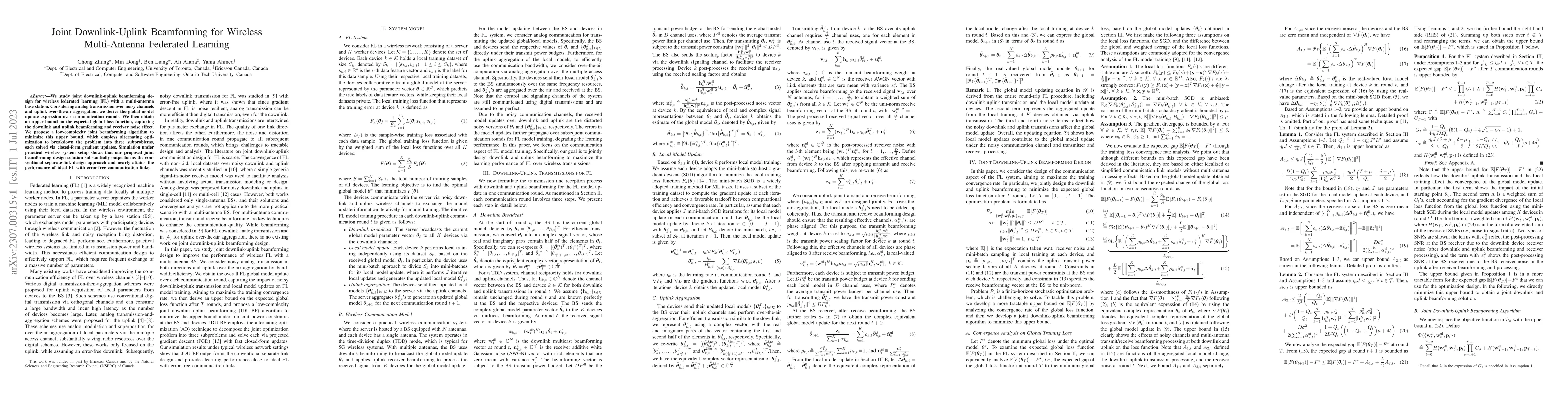 Thumbnail for Joint Downlink-Uplink Beamforming for Wireless Multi-Antenna Federated
  Learning