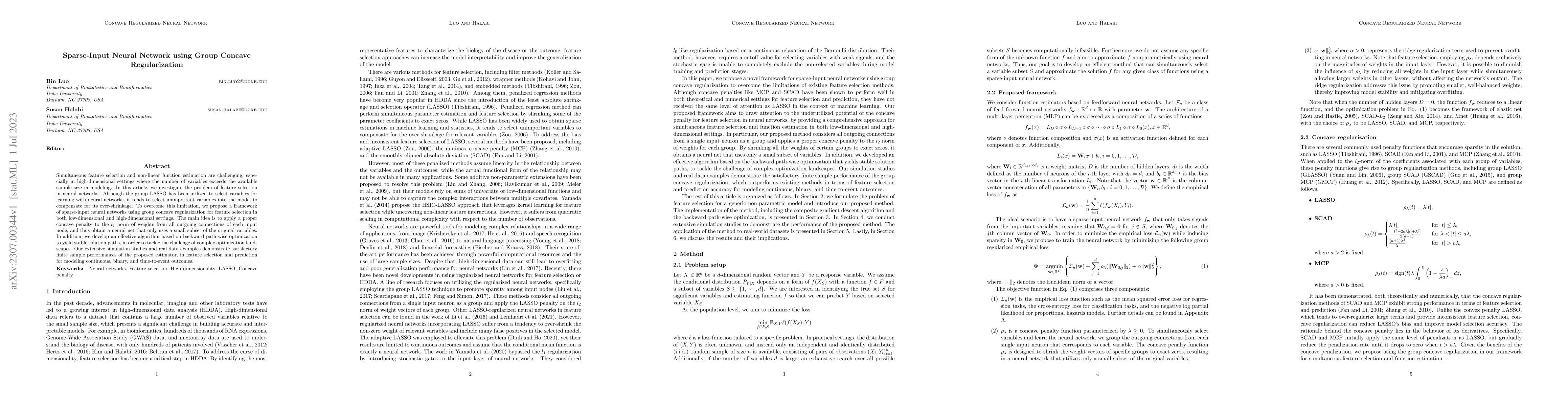 Thumbnail for Sparse-Input Neural Network using Group Concave Regularization
