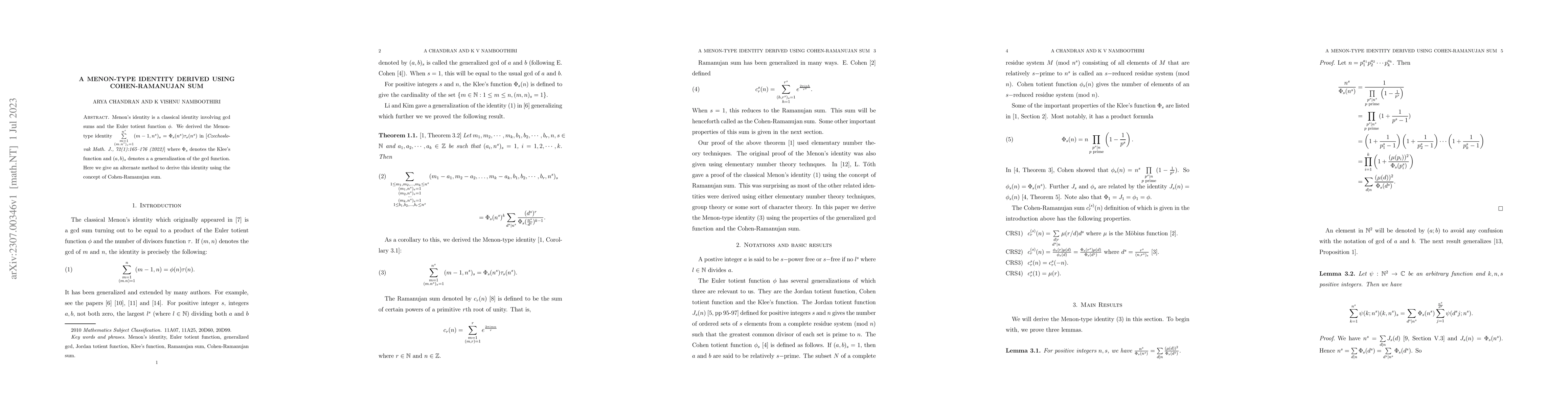 Thumbnail for A Menon-type Identity derived using Cohen-Ramanujan sum