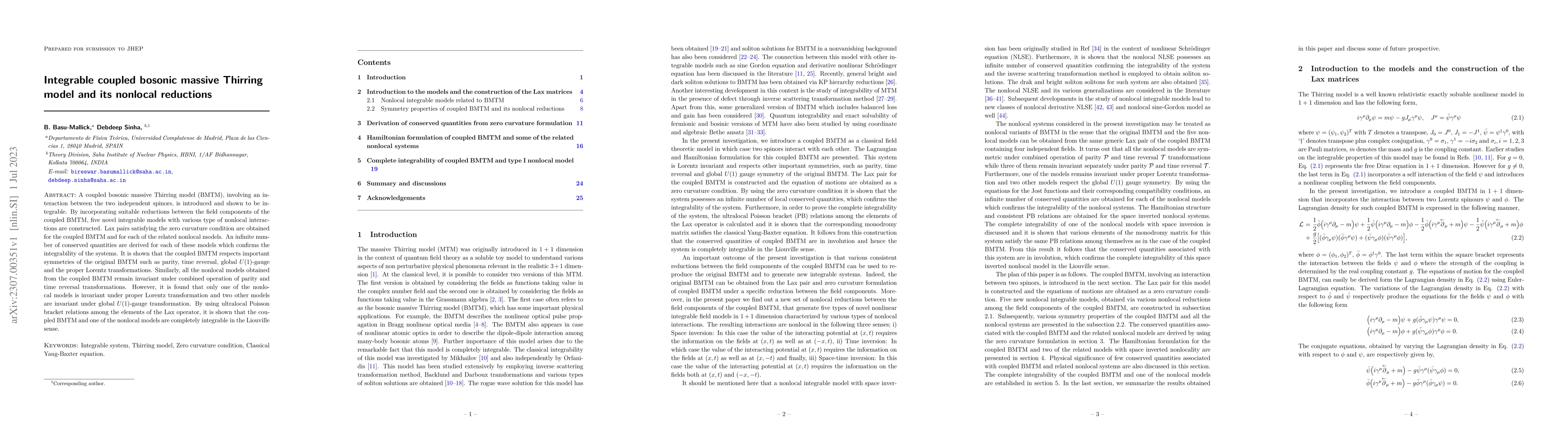 Thumbnail for Integrable coupled bosonic massive Thirring model and its nonlocal
  reductions