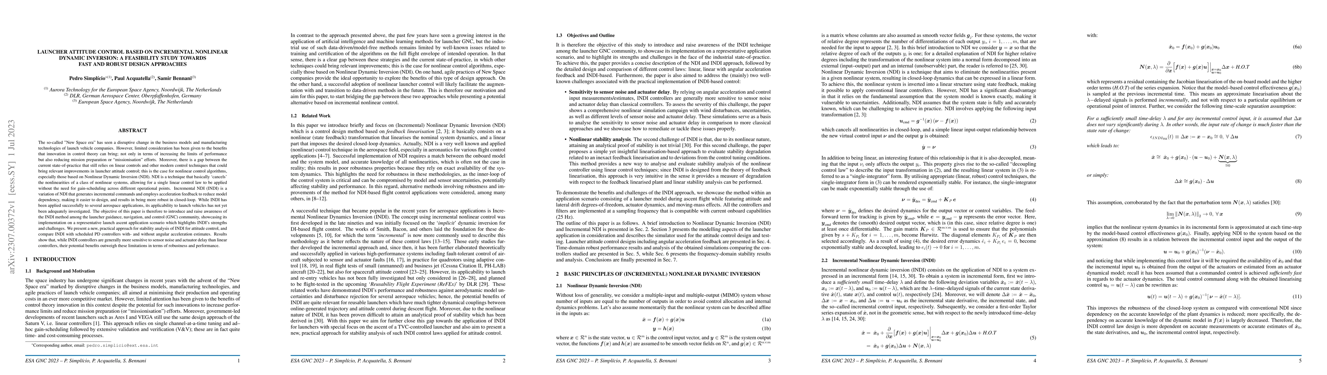 Thumbnail for Launcher Attitude Control based on Incremental Nonlinear Dynamic
  Inversion: A Feasibility Study Towards Fast and Robust Design Approaches