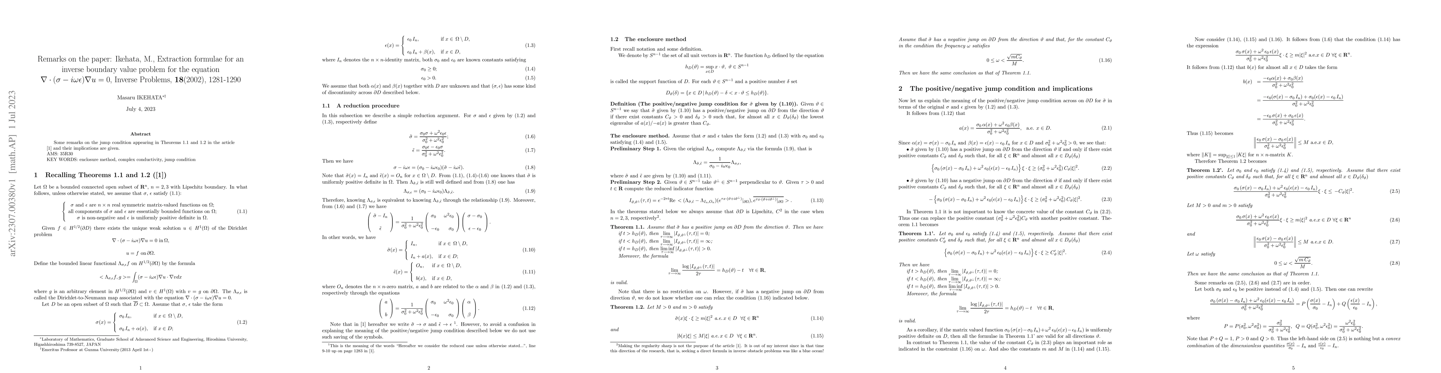 Thumbnail for Remarks on the paper: Ikehata, M., Extraction formulae for an inverse
  boundary value problem for the equation
  $\nabla\cdot(\sigma-i\omega\epsilon)\nabla u=0$, Inverse Problems, 18(2002),
  1281-1290