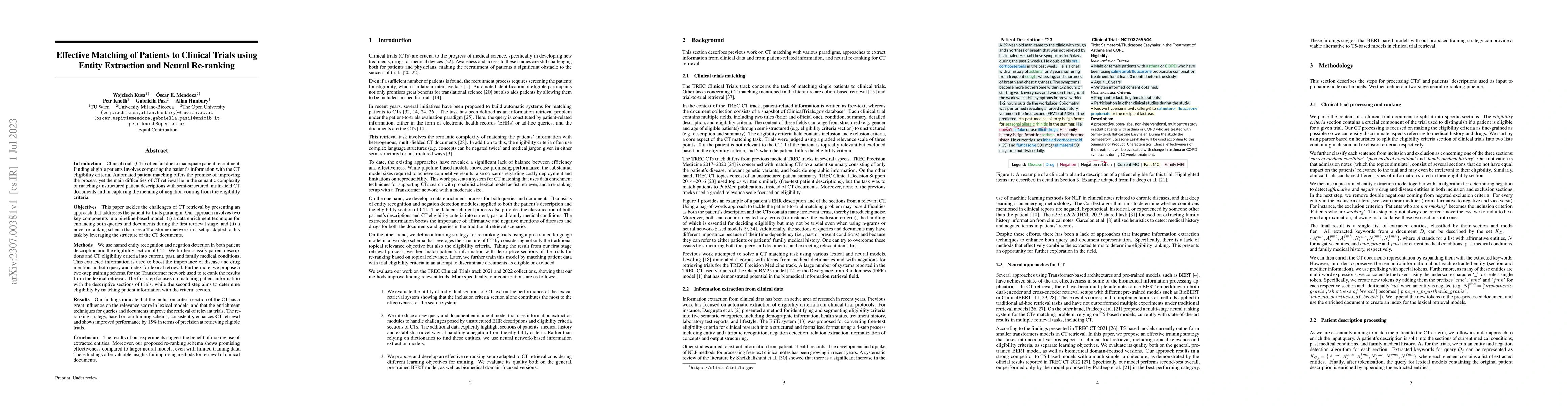 Thumbnail for Effective Matching of Patients to Clinical Trials using Entity
  Extraction and Neural Re-ranking