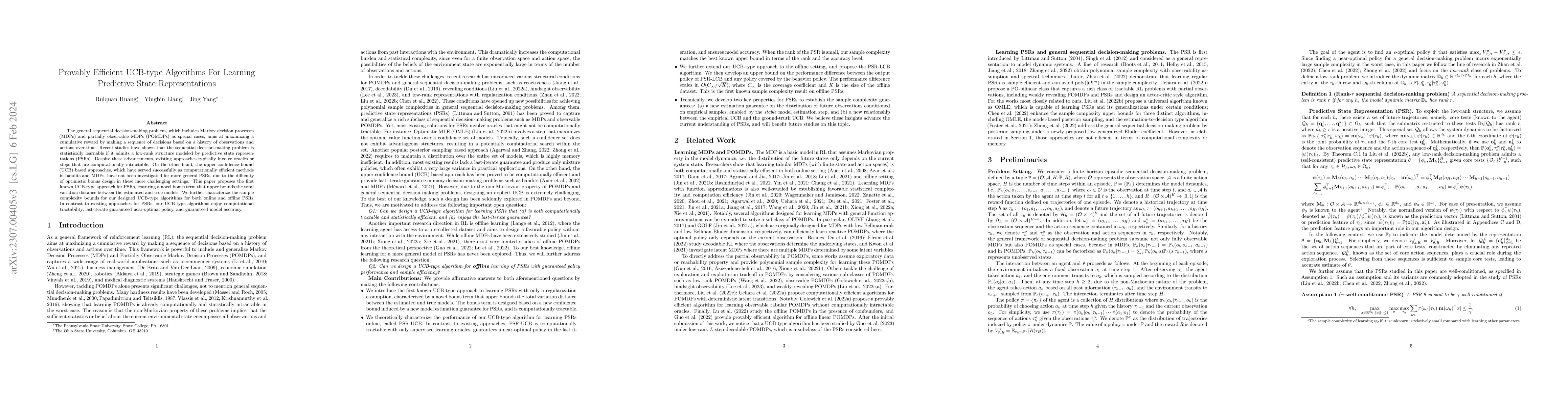 Thumbnail for Provably Efficient UCB-type Algorithms For Learning Predictive State
  Representations