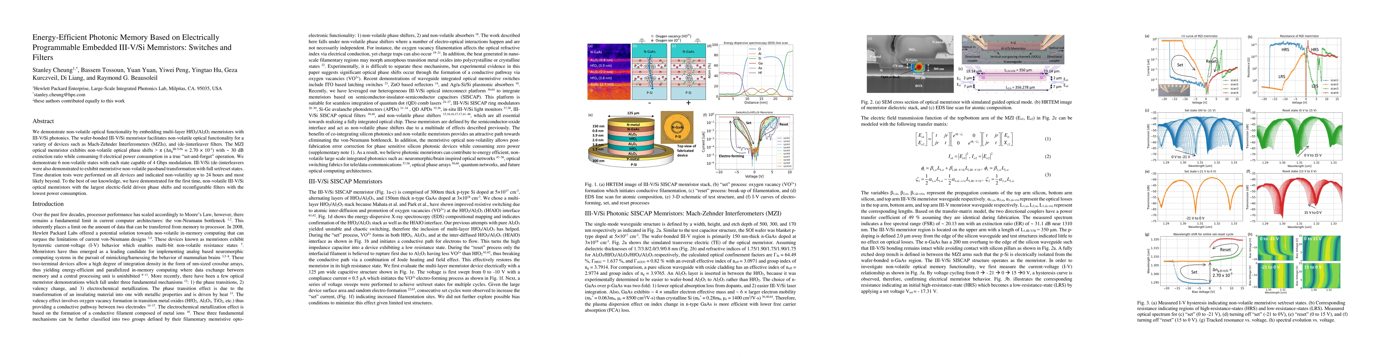 Thumbnail for Energy-Efficient Photonic Memory Based on Electrically Programmable
  Embedded III-V/Si Memristors: Switches and Filters