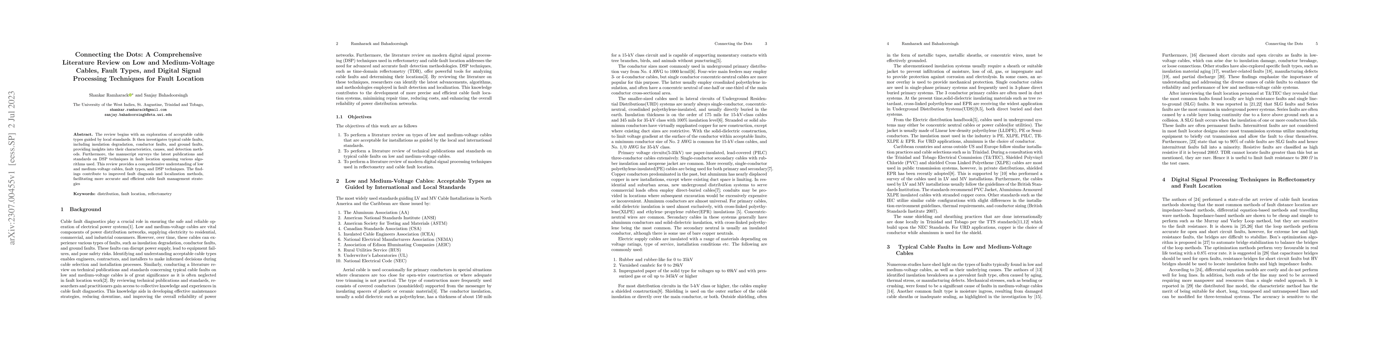 Thumbnail for Connecting the Dots: A Comprehensive Literature Review on Low and
  Medium-Voltage Cables, Fault Types, and Digital Signal Processing Techniques
  for Fault Location