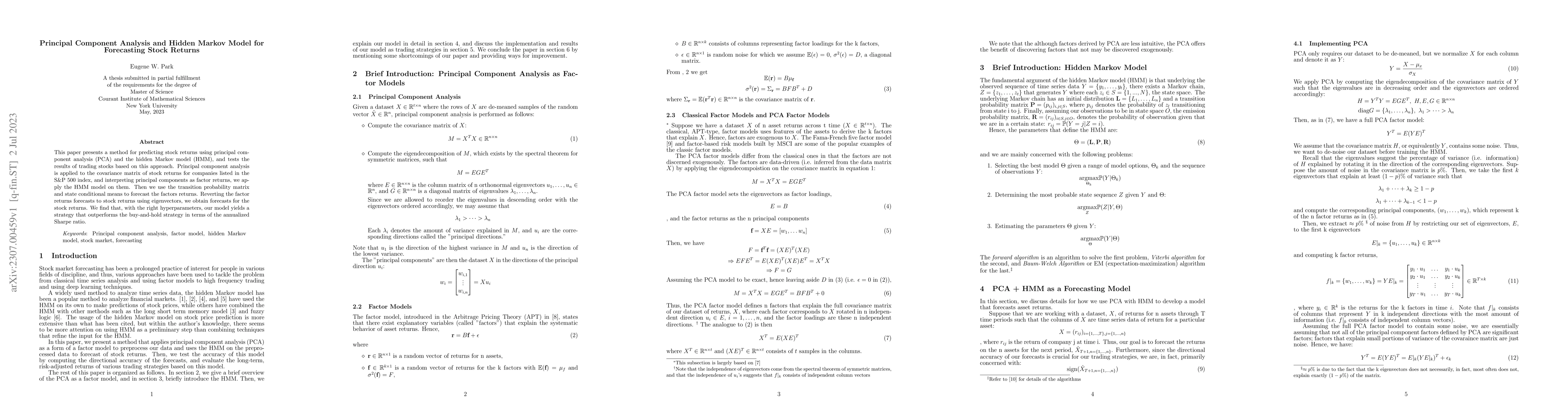 Thumbnail for Principal Component Analysis and Hidden Markov Model for Forecasting
  Stock Returns