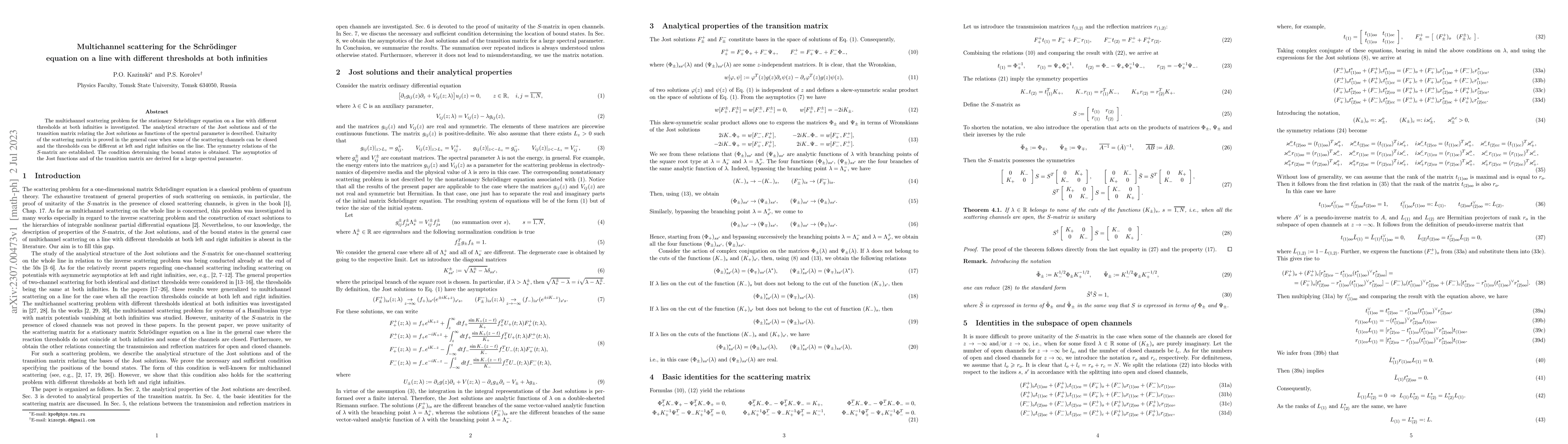 Thumbnail for Multichannel scattering for the Schr\"{o}dinger equation on a line with
  different thresholds at both infinities
