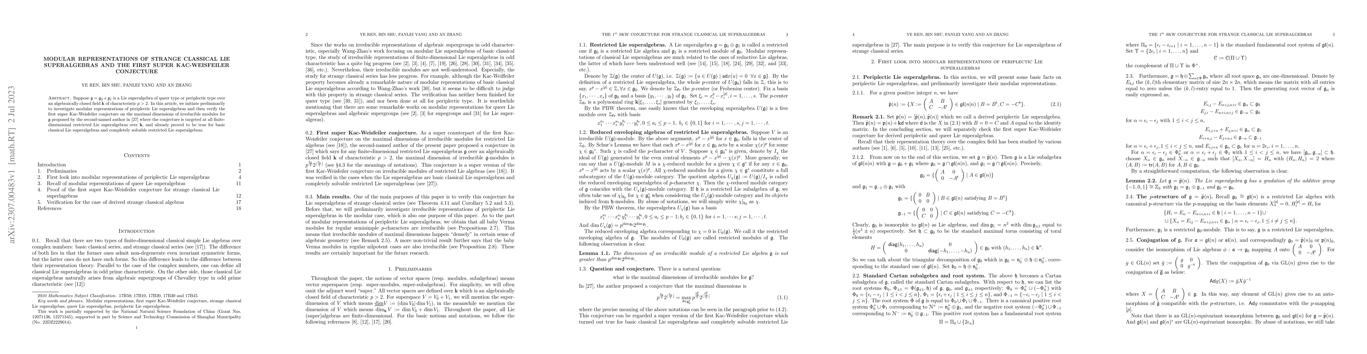 Thumbnail for Modular representations of strange classical Lie superalgebras and the
  first super Kac-Weisfeiler conjecture