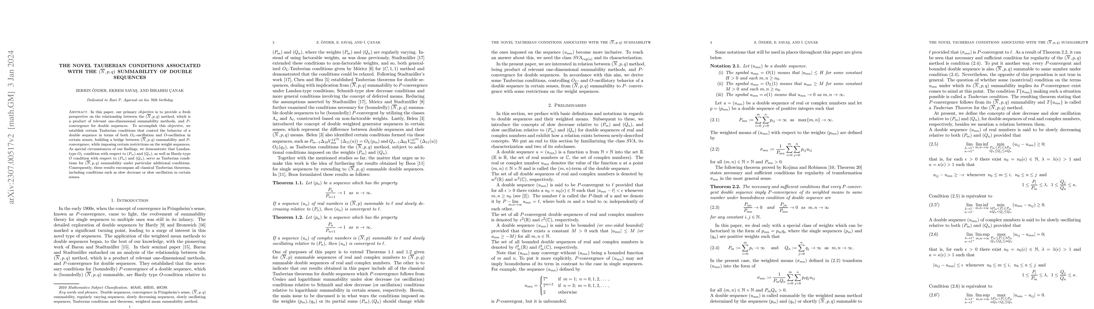 Thumbnail for The novel Tauberian conditions associated with the $(\overline{N},p,q)$
  summability of double sequences