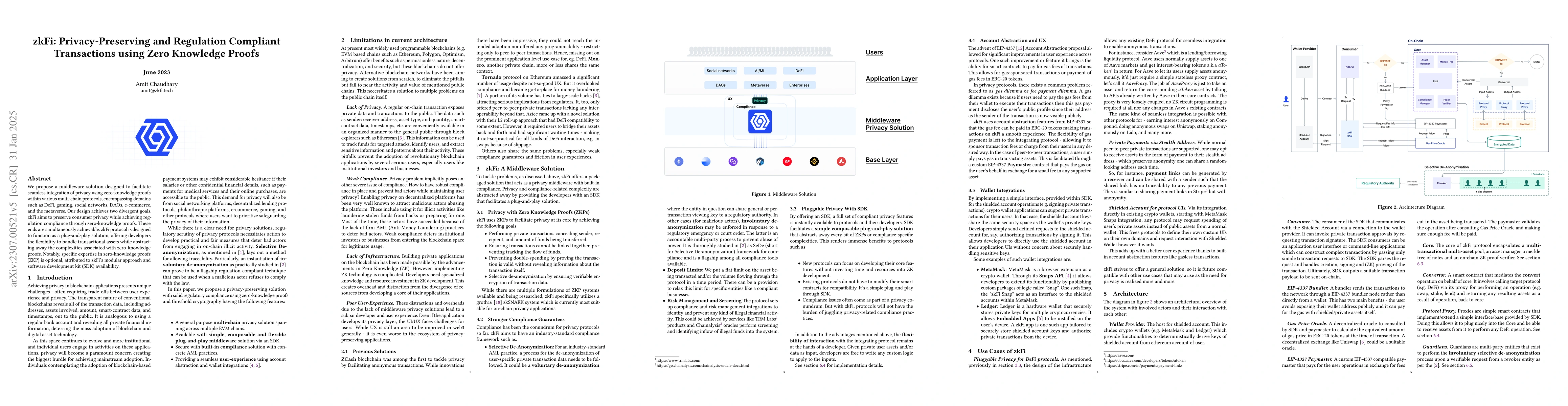 Thumbnail for zkFi: Privacy-Preserving and Regulation Compliant Transactions using
  Zero Knowledge Proofs
