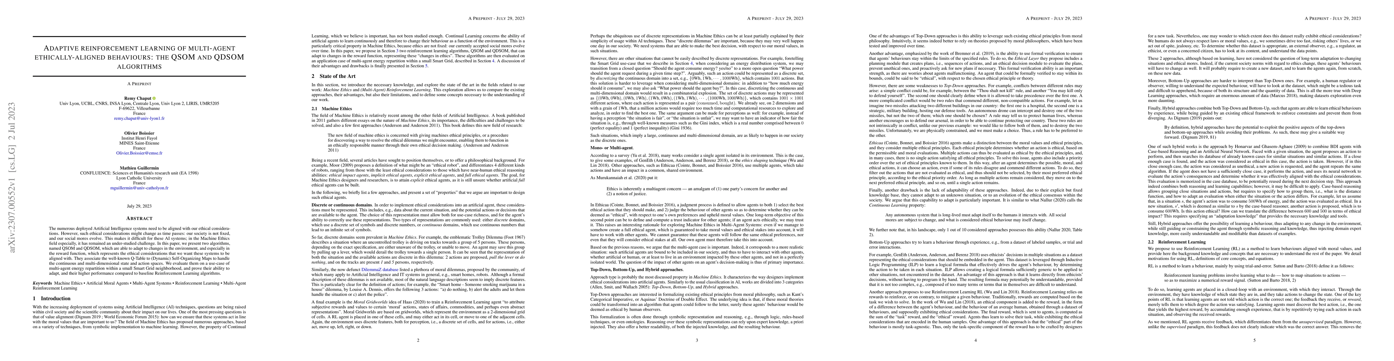 Thumbnail for Adaptive reinforcement learning of multi-agent ethically-aligned
  behaviours: the QSOM and QDSOM algorithms