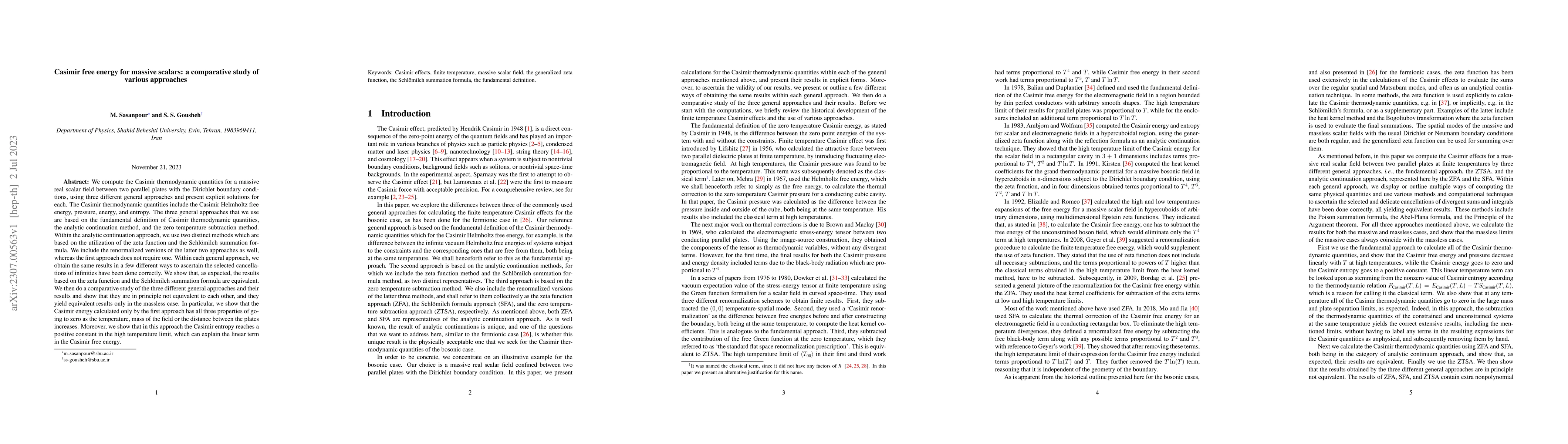 Thumbnail for Casimir free energy for massive scalars: a comparative study of various
  approaches