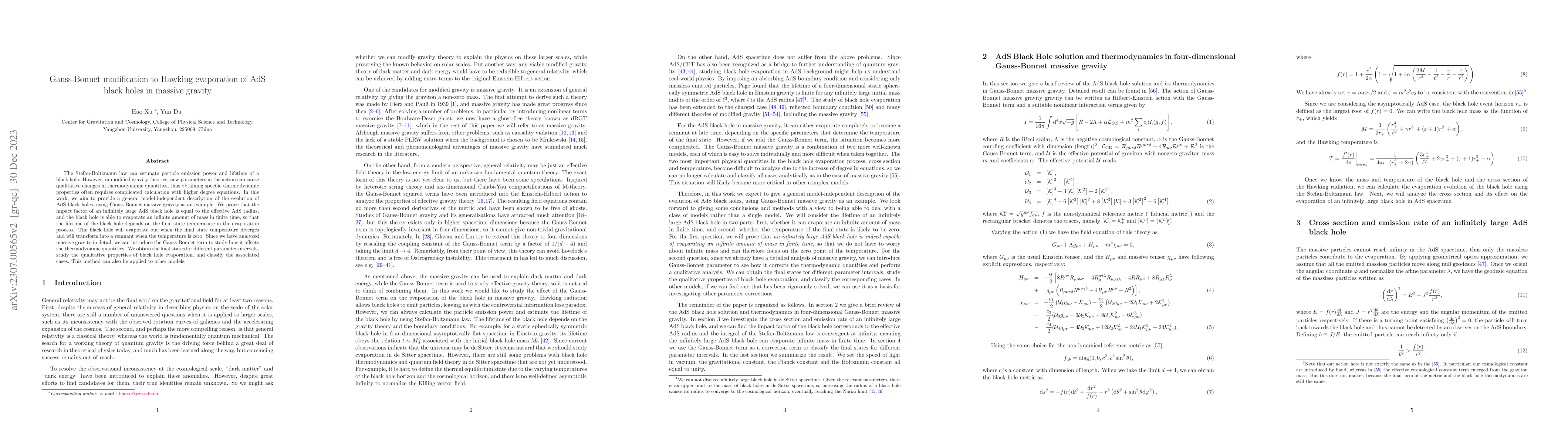 Thumbnail for Gauss-Bonnet modification to Hawking evaporation of AdS black holes in
  massive gravity
