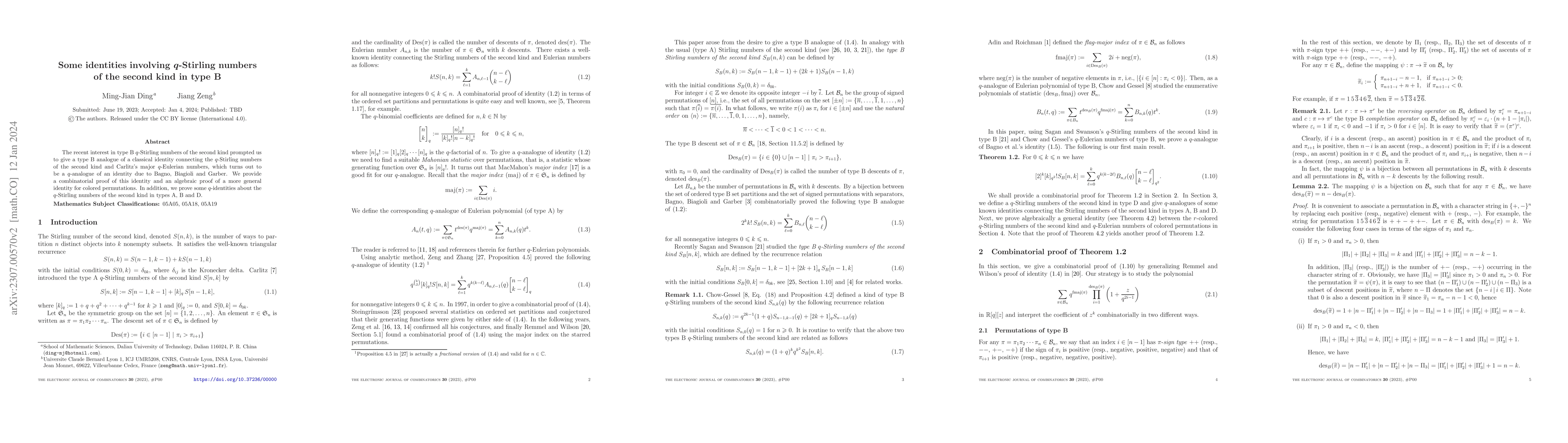 Thumbnail for Some identities involving $q$-Stirling numbers of the second kind in
  type B