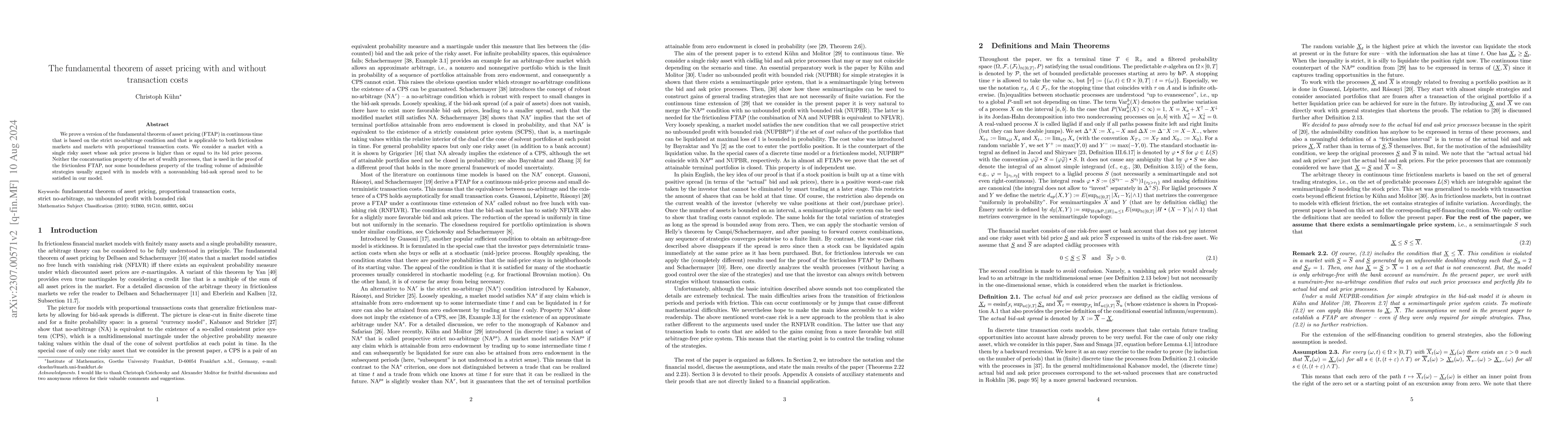 Thumbnail for The fundamental theorem of asset pricing with and without transaction
  costs