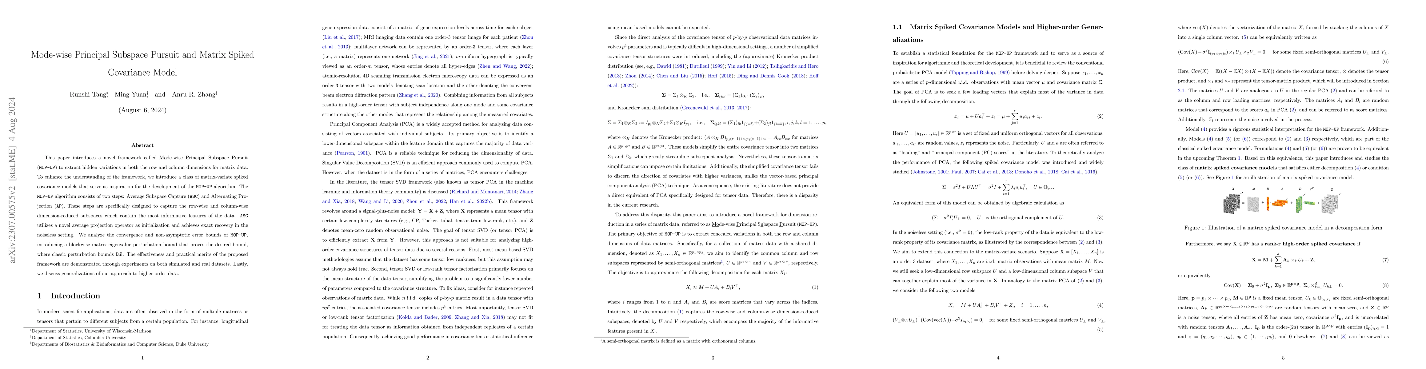 Thumbnail for Mode-wise Principal Subspace Pursuit and Matrix Spiked Covariance Model