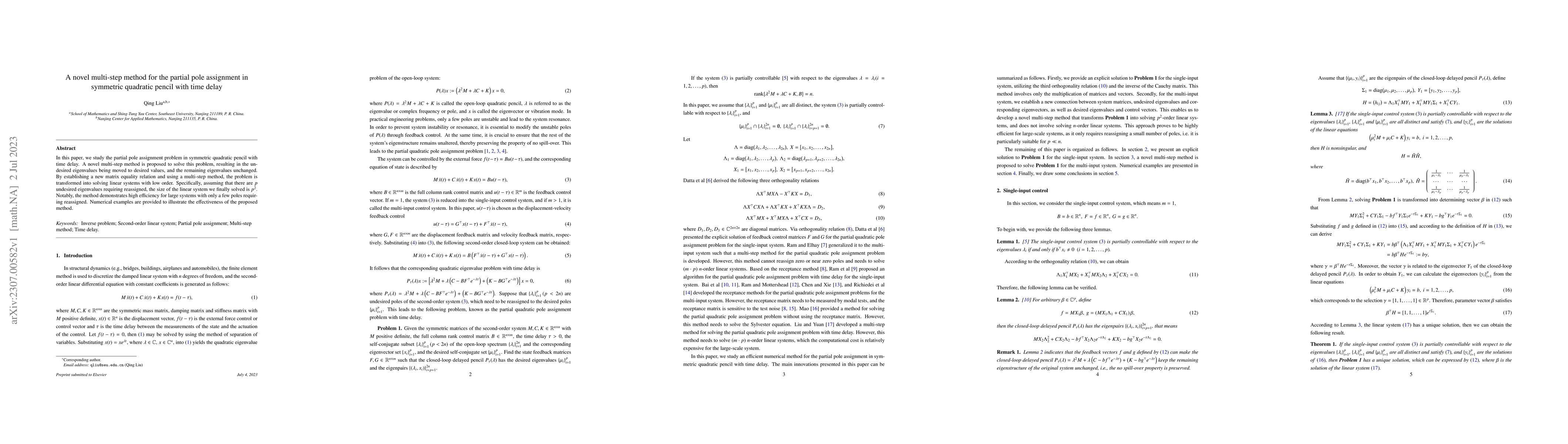 Thumbnail for A novel multi-step method for the partial pole assignment in symmetric
  quadratic pencil with time delay
