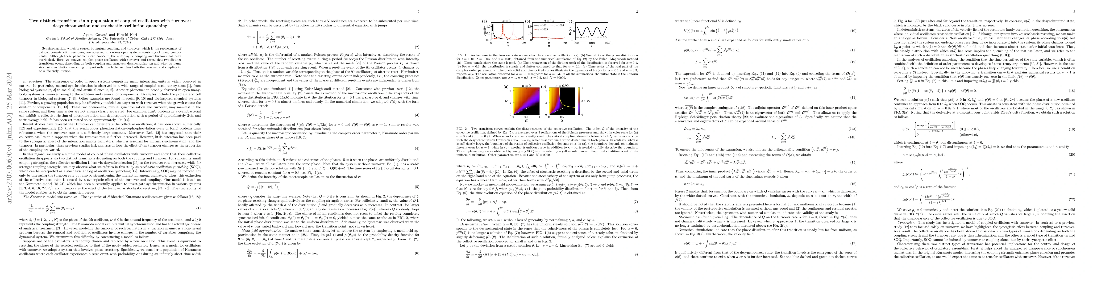 Thumbnail for Two distinct transitions in a population of coupled oscillators with
  turnover: desynchronization and stochastic oscillation quenching