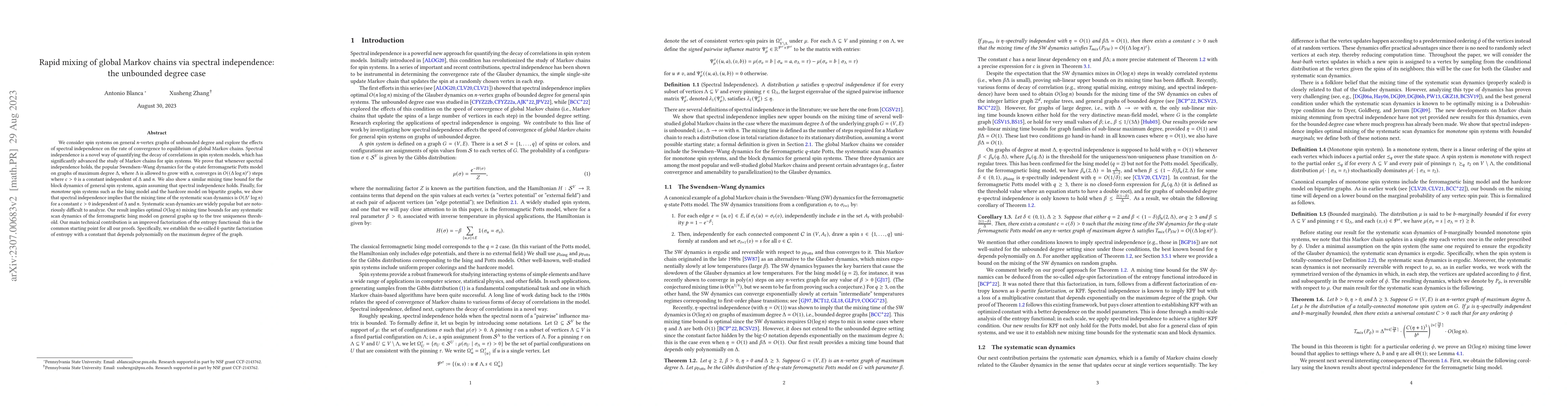Thumbnail for Rapid mixing of global Markov chains via spectral independence: the
  unbounded degree case