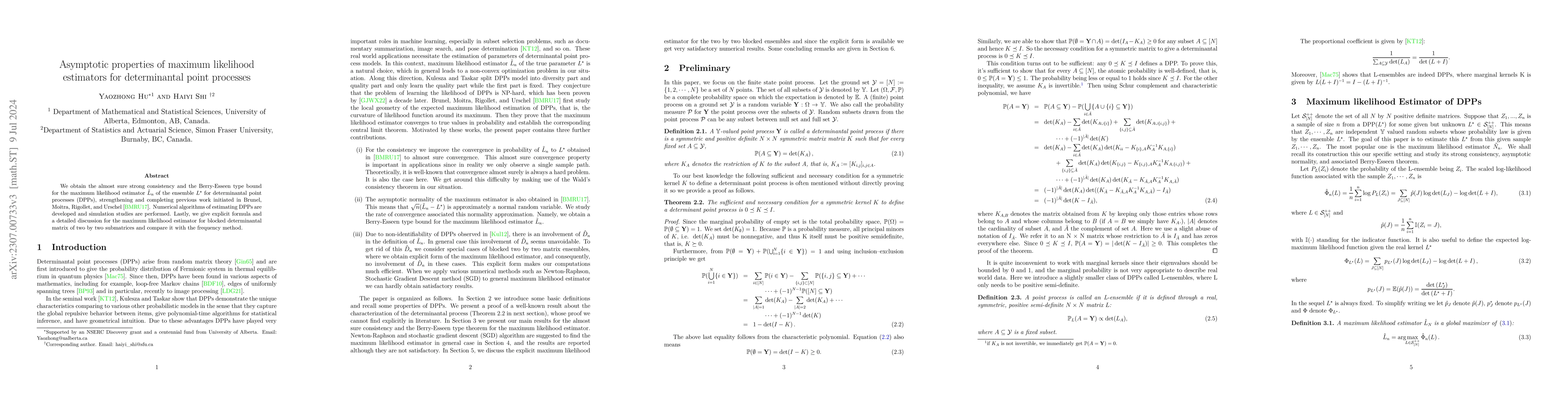 Thumbnail for Asymptotic properties of maximum likelihood estimators for determinantal
  point processes