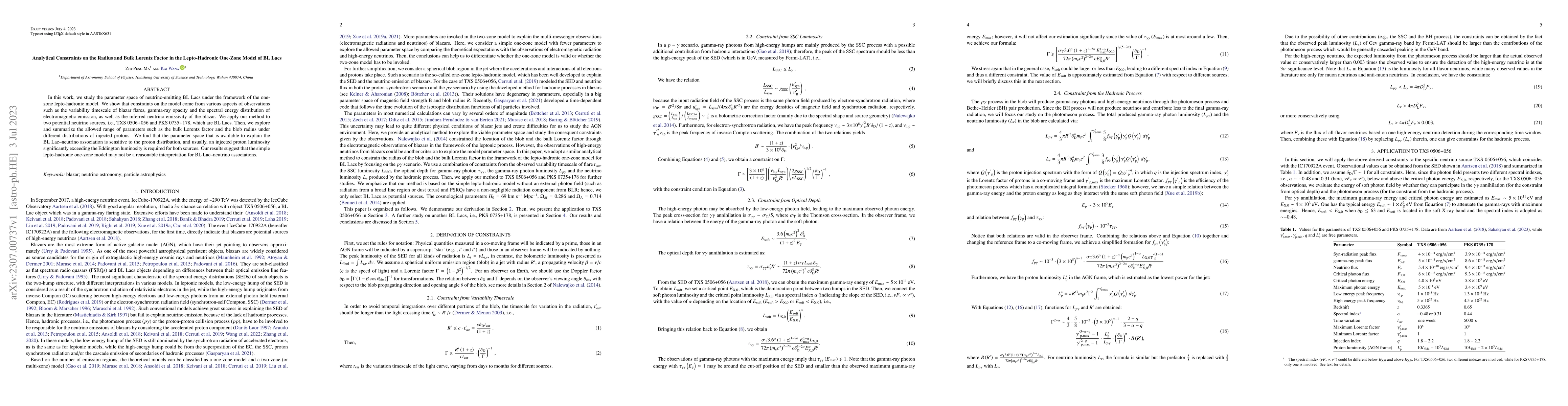 Thumbnail for Analytical Constraints on the Radius and Bulk Lorentz Factor in the
  Lepto-Hadronic One-Zone Model of BL Lacs
