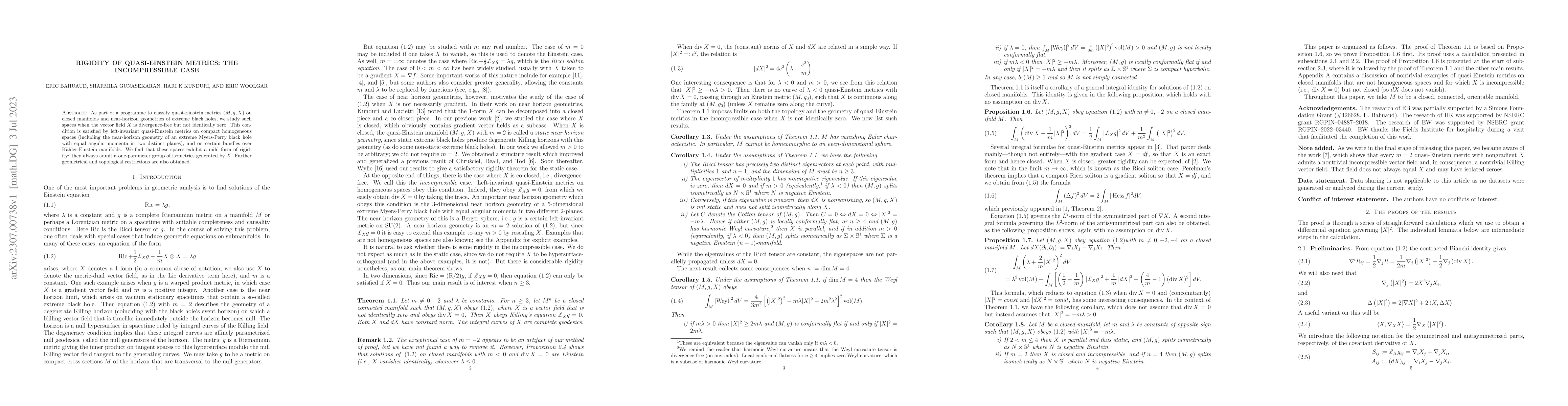 Thumbnail for Rigidity of quasi-Einstein metrics: The incompressible case