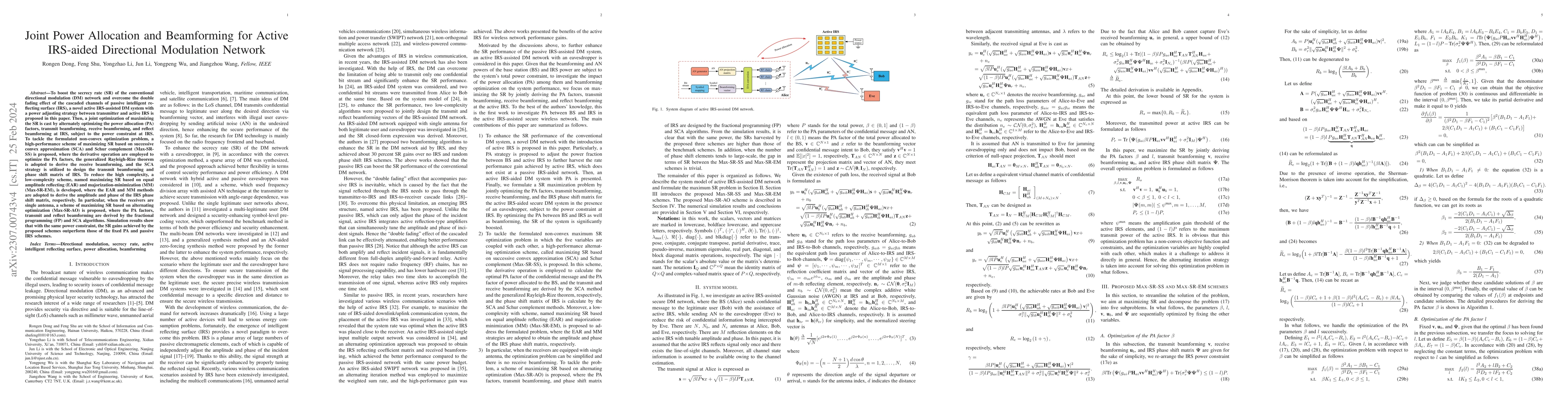 Thumbnail for Joint Power Allocation and Beamforming for Active IRS-aided Directional
  Modulation Network
