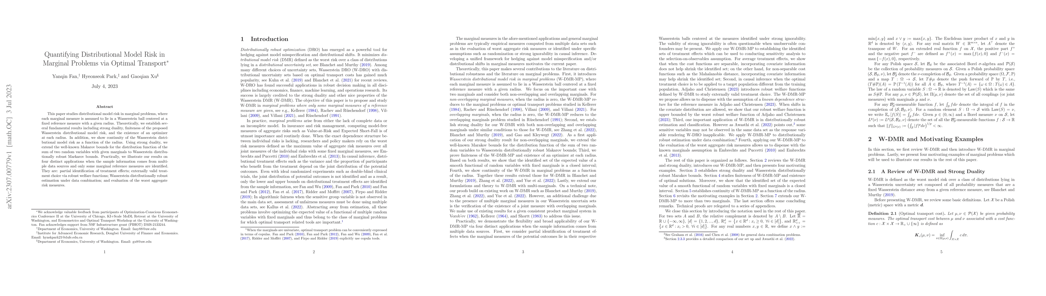 Thumbnail for Quantifying Distributional Model Risk in Marginal Problems via Optimal
  Transport