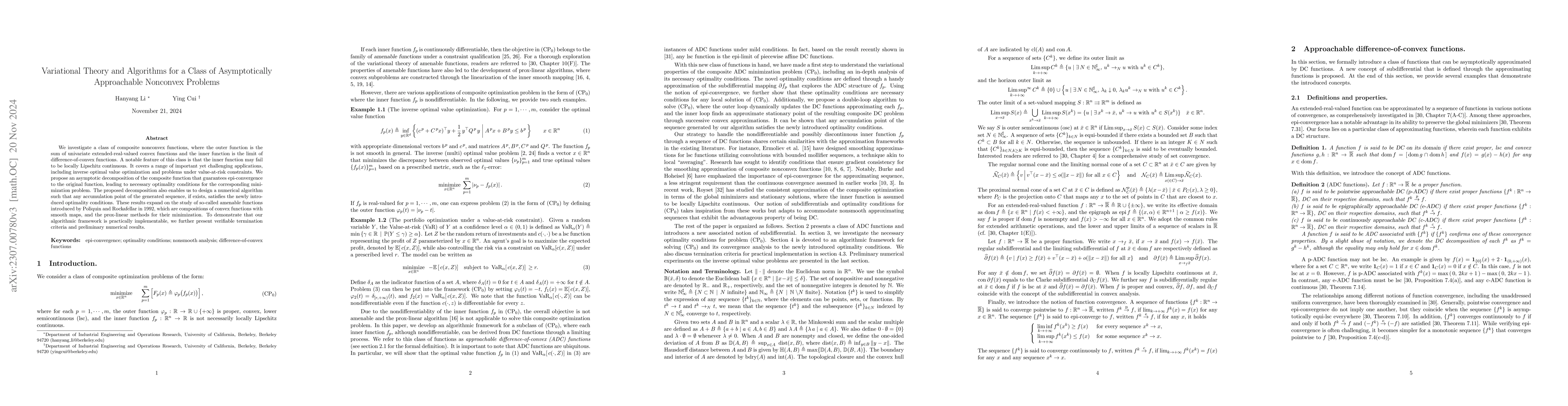 Thumbnail for Variational Theory and Algorithms for a Class of Asymptotically
  Approachable Nonconvex Problems