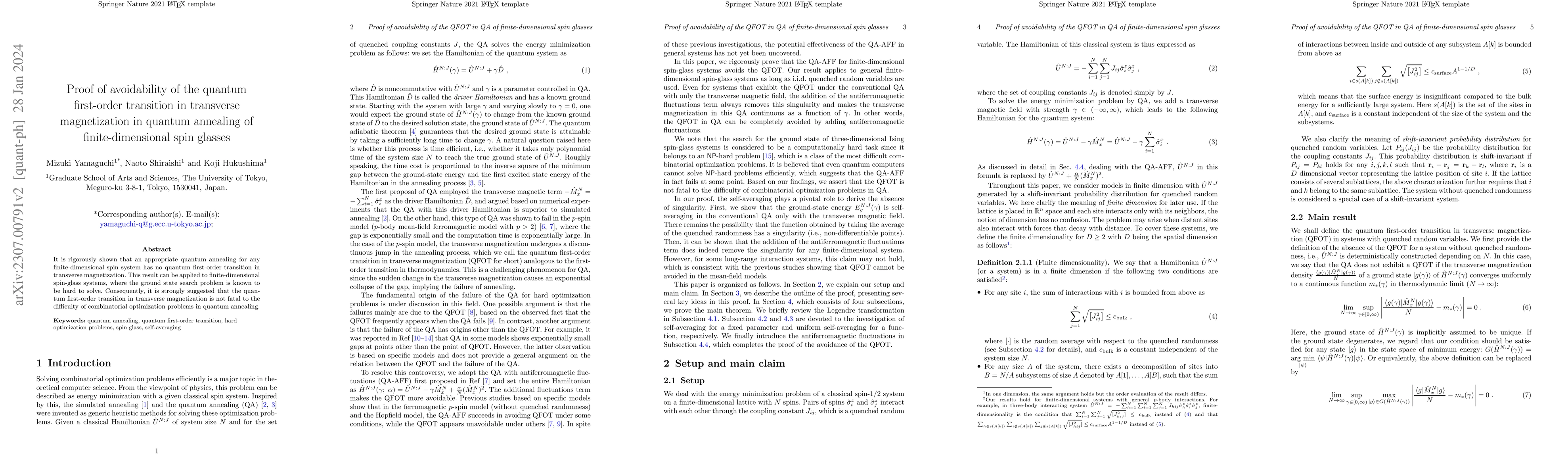 Thumbnail for Proof of avoidability of the quantum first-order transition in
  transverse magnetization in quantum annealing of finite-dimensional spin
  glasses