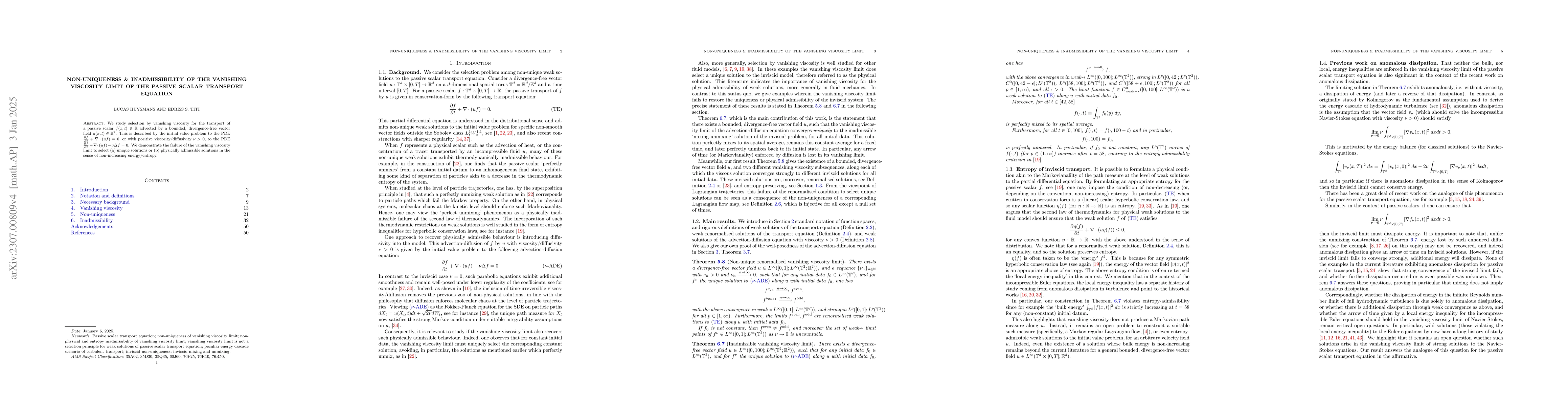 Thumbnail for Non-Uniqueness and Inadmissibility of the Vanishing Viscosity Limit of
  the Passive Scalar Transport Equation