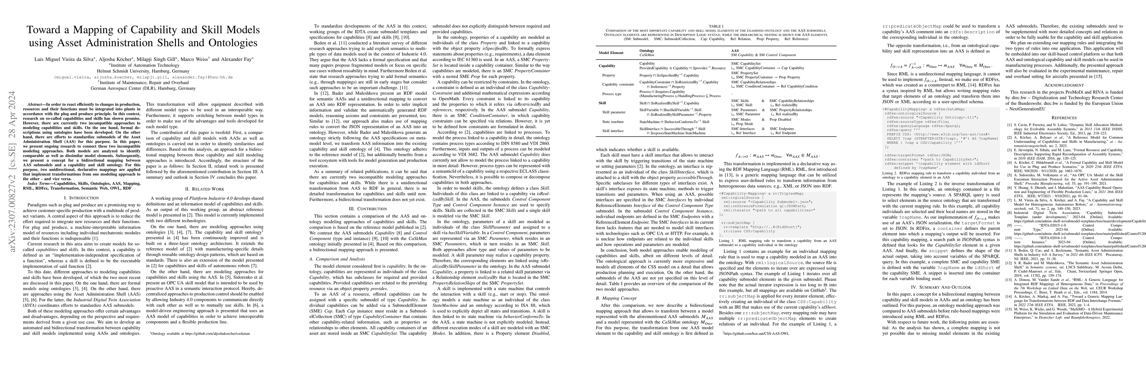 Thumbnail for Toward a Mapping of Capability and Skill Models using Asset
  Administration Shells and Ontologies