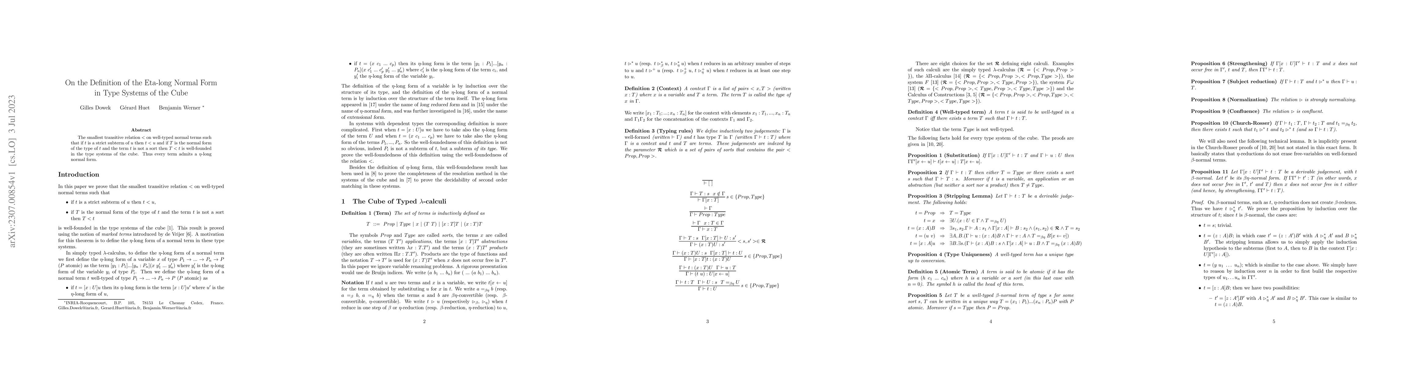 Thumbnail for On the Definition of the Eta-long Normal Form in Type Systems of the
  Cube