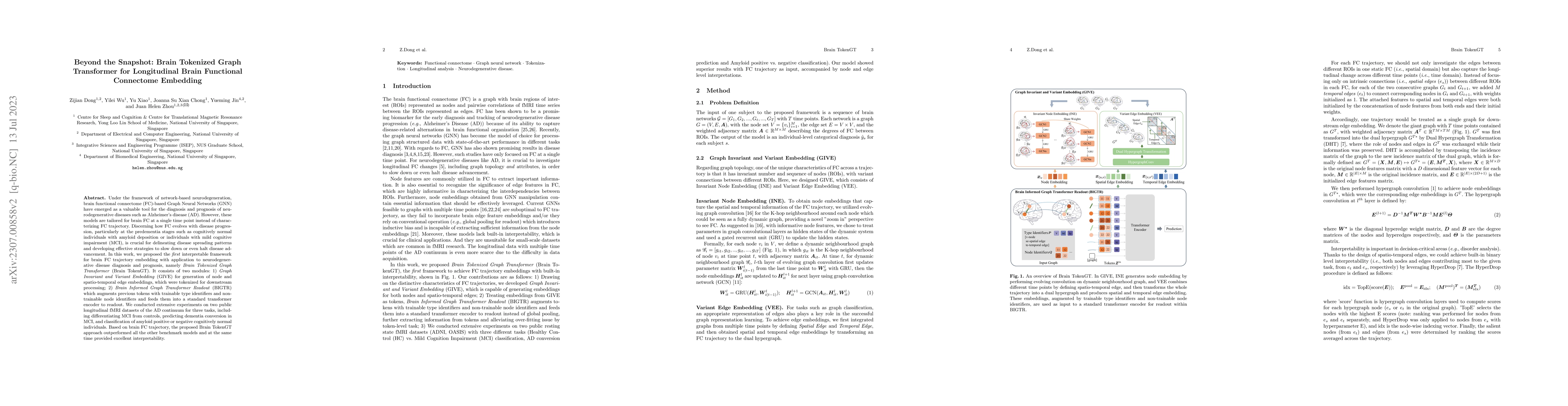 Thumbnail for Beyond the Snapshot: Brain Tokenized Graph Transformer for Longitudinal
  Brain Functional Connectome Embedding