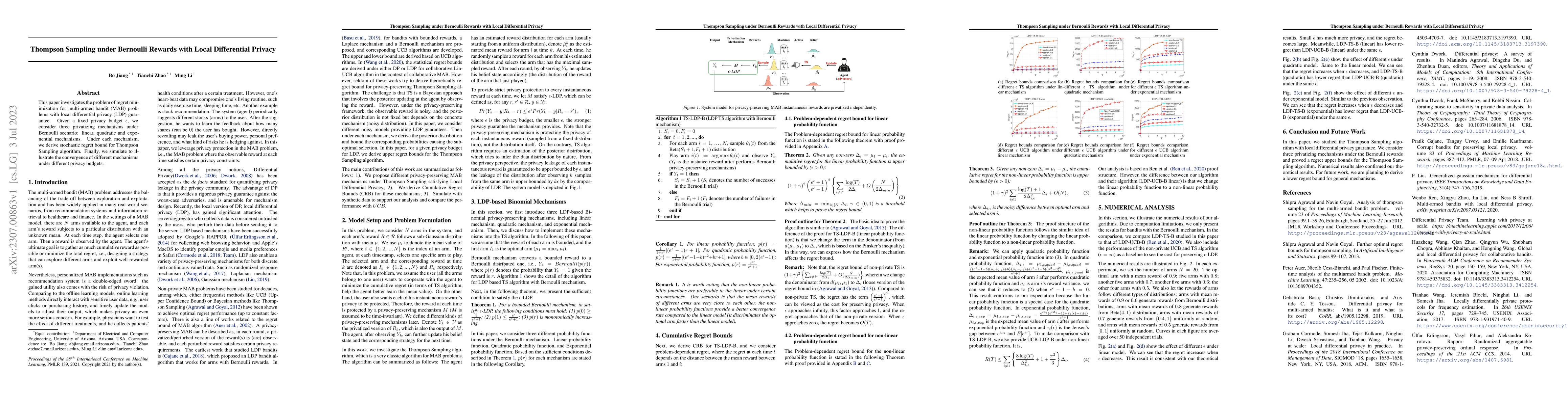 Thumbnail for Thompson Sampling under Bernoulli Rewards with Local Differential
  Privacy