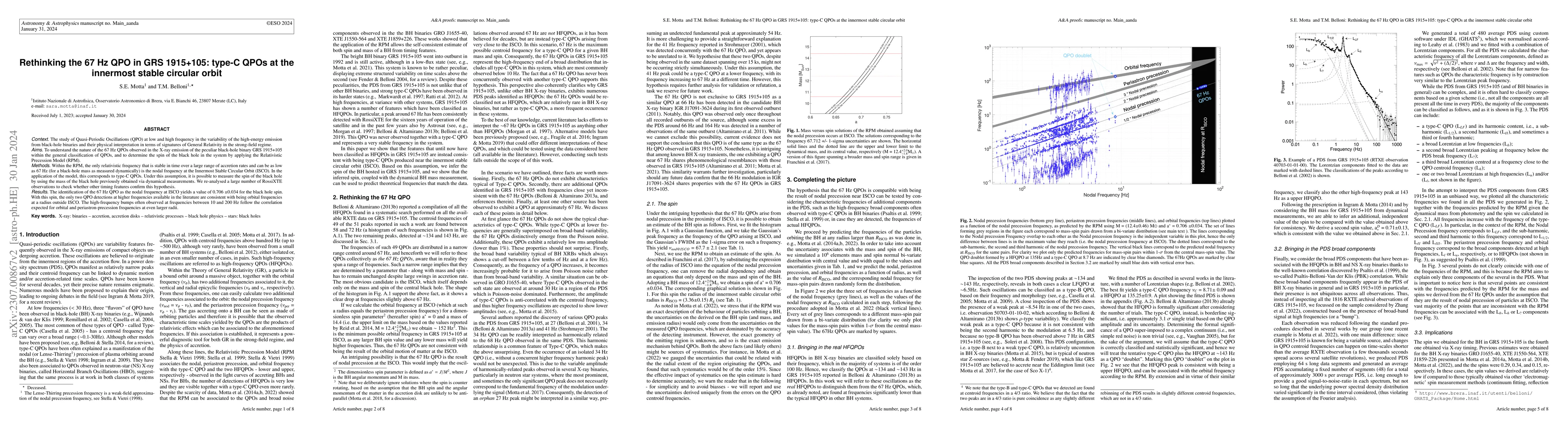 Thumbnail for Rethinking the 67 Hz QPO in GRS 1915+105: type-C QPOs at the innermost
  stable circular orbit