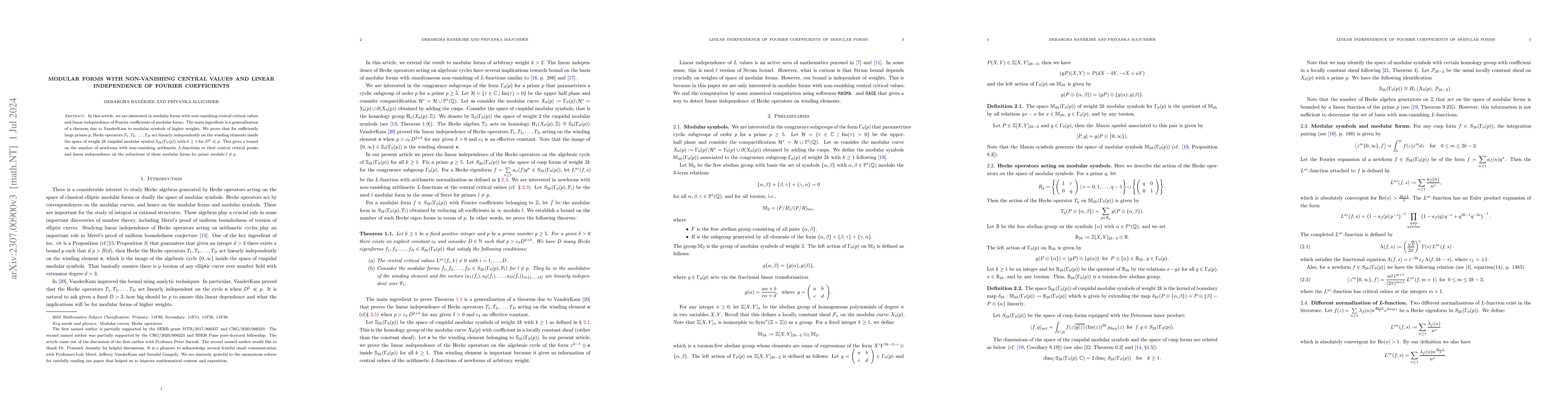 Thumbnail for Modular forms with non-vanishing central values and linear independence
  of Fourier coefficients